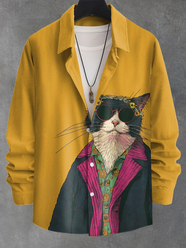 Men's Cool Cat Autumn Vibe Art Print Corduroy Long Sleeve Shirt