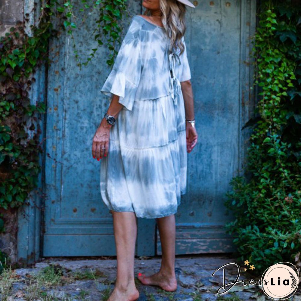 Off Shoulder Tie Dye Loose Casual Midi Dress