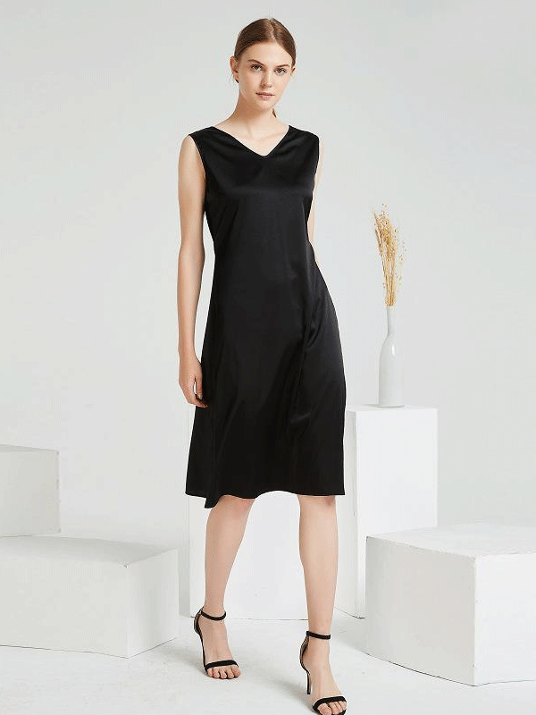 Robe en soie col v sans manches noire-Soie Plus