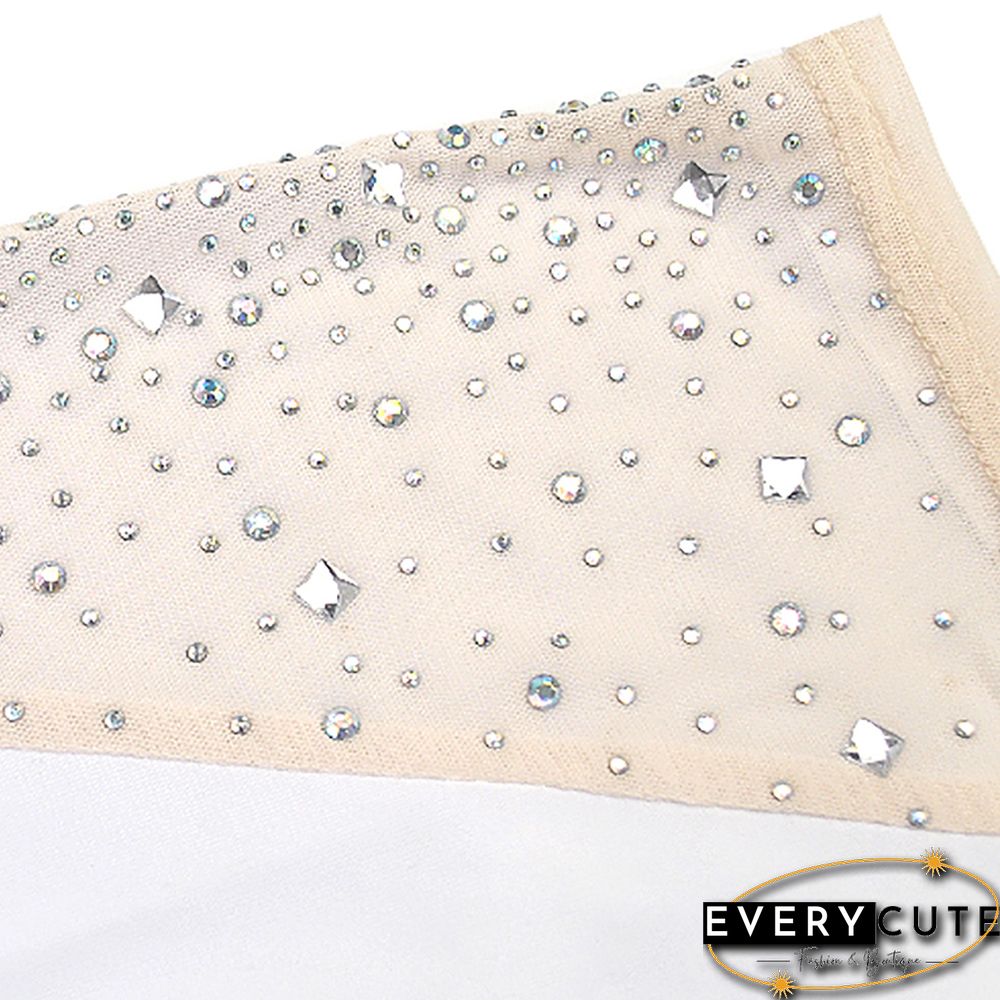 White Mesh & Rhinestones & Feather Detail Bodycon Dress