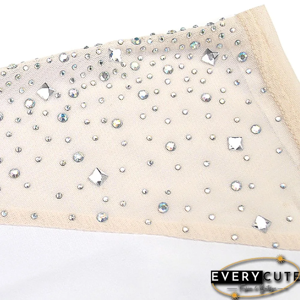 White Mesh & Rhinestones & Feather Detail Bodycon Dress