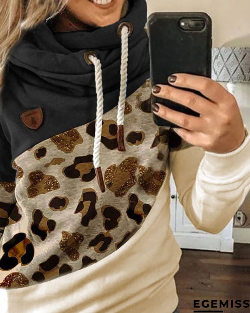Lantern Sleeve Colorblock Leopard Print Hooded Top | EGEMISS