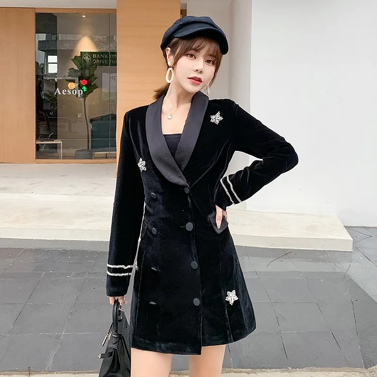 Cgacest Velvet Black Satin Dress &ndash; Elegant Double Breasted Office Dress for Women  