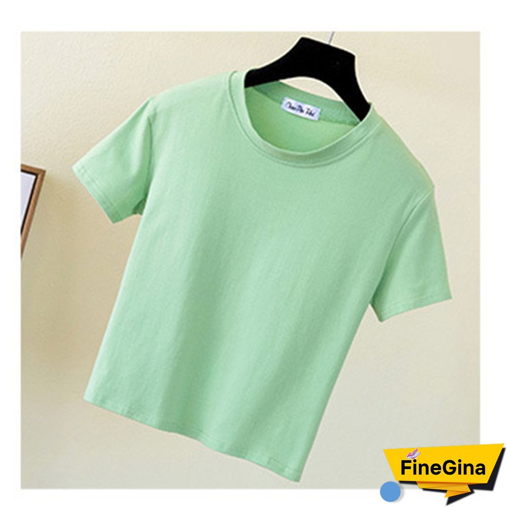 Green Crop Top T-Shirt Female Solid Cotton O-Neck Short Sleeve T-shirts For Women High Waist Slim Short Sport Femme T-Shirt