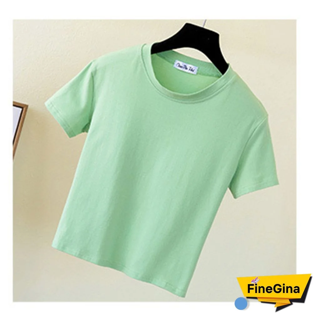Green Crop Top T-Shirt Female Solid Cotton O-Neck Short Sleeve T-shirts For Women High Waist Slim Short Sport Femme T-Shirt