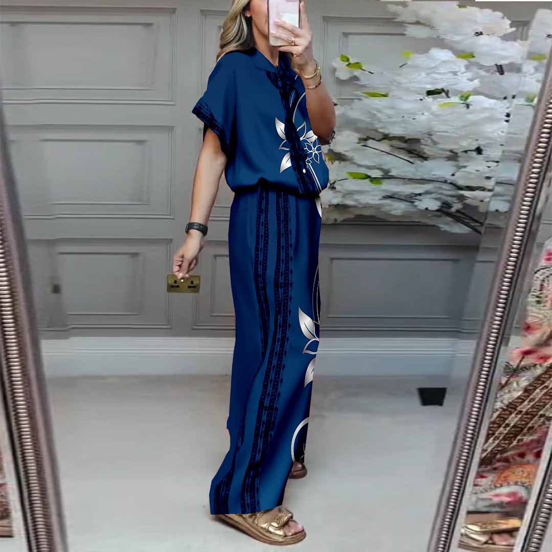 Women Floral, Blue, White DZDL1167 V-neck Short Sleeve Blouse and Pants Set