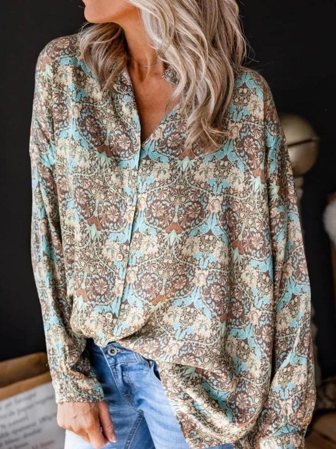 Long Sleeve Printed Tribal Shirt Collar Shirts & Tops