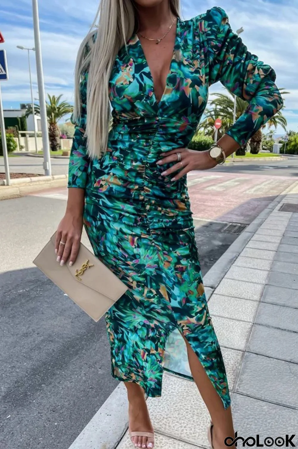 Vintage Elegant Floral Fold V Neck One Step Skirt Dresses