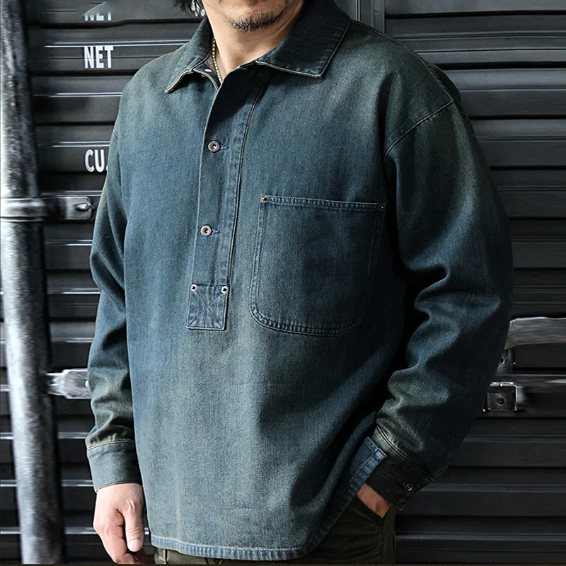 Retro Pullover Distressed Cotton Denim Shirt