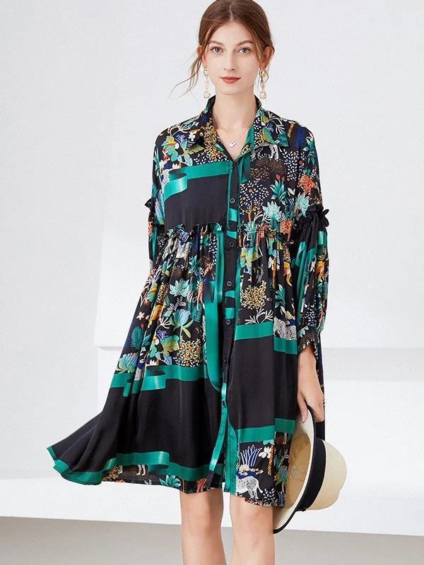 Vintage Loose Contrast Color Long Sleeves Midi Shirt Dress