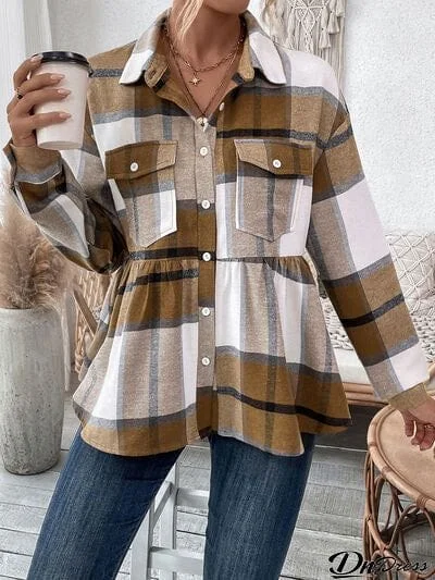 Plaid Button Up Dropped Shoulder Peplum Shacket