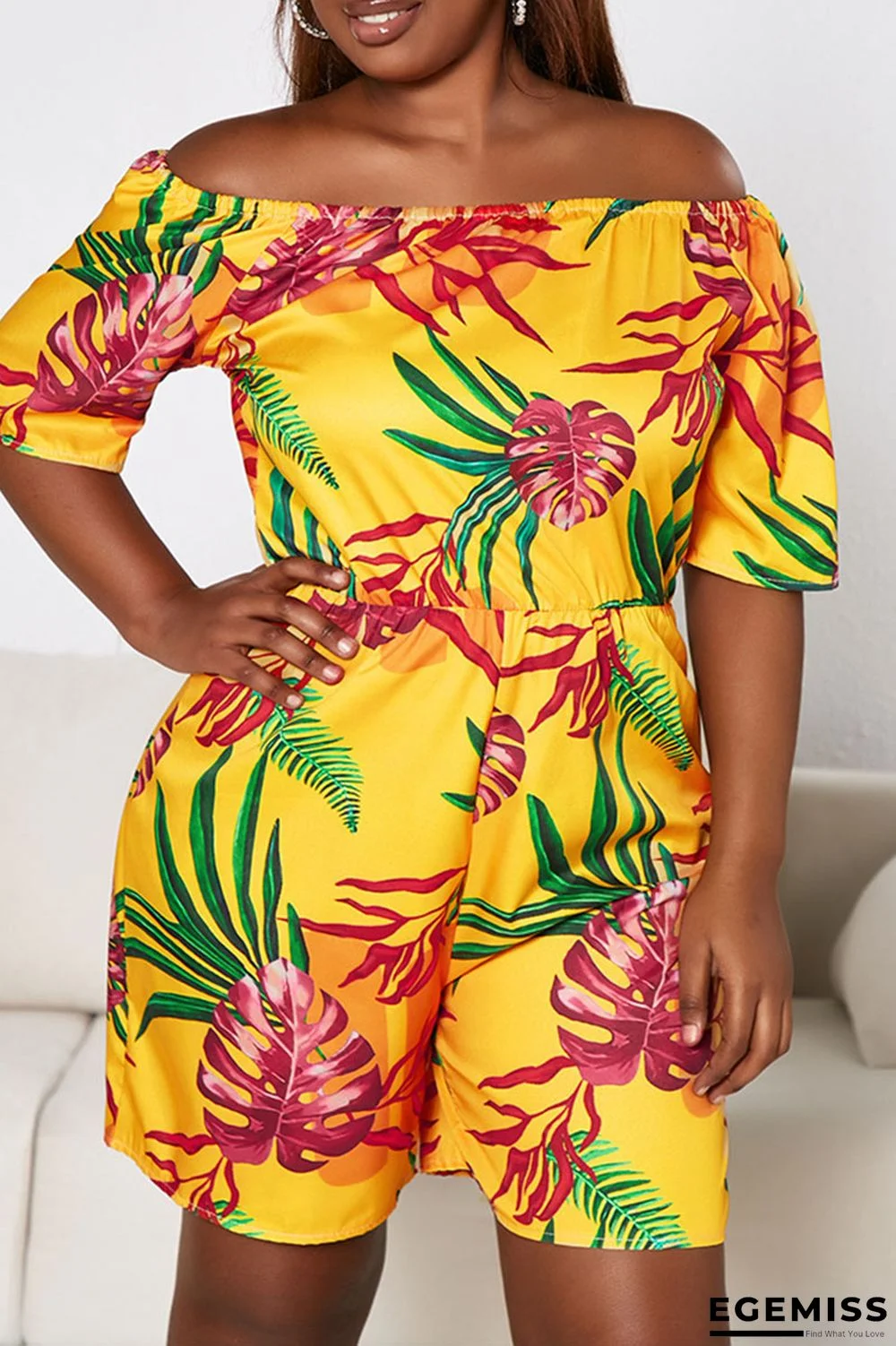Yellow Sexy Print Patchwork Off the Shoulder Plus Size Jumpsuits | EGEMISS