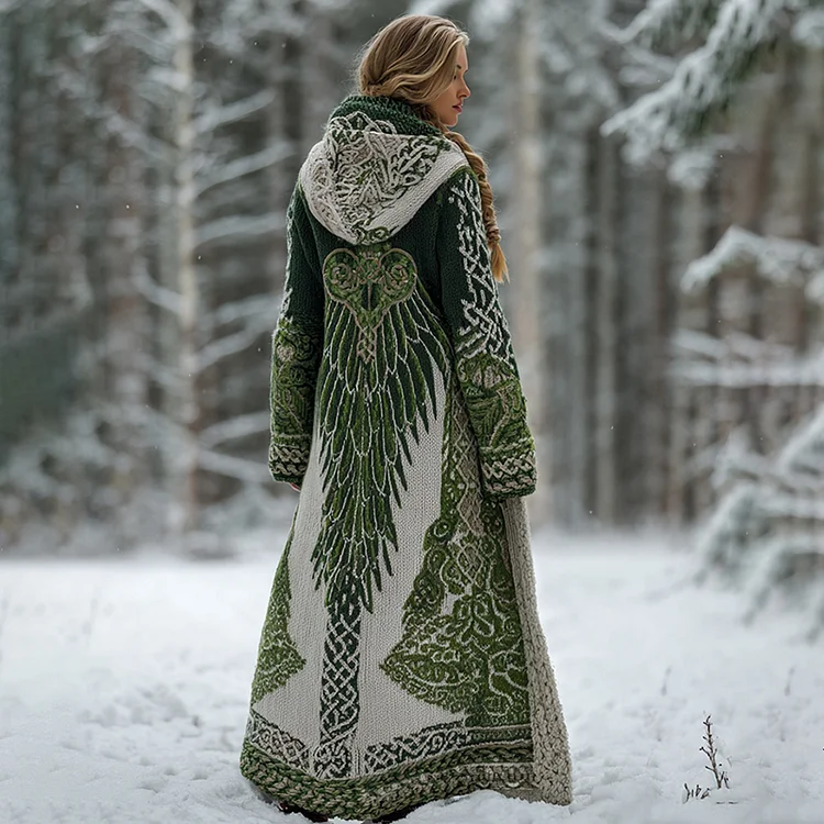 Women's Celtic Knot And Wings Pattern Ombre Hooded Cardigan