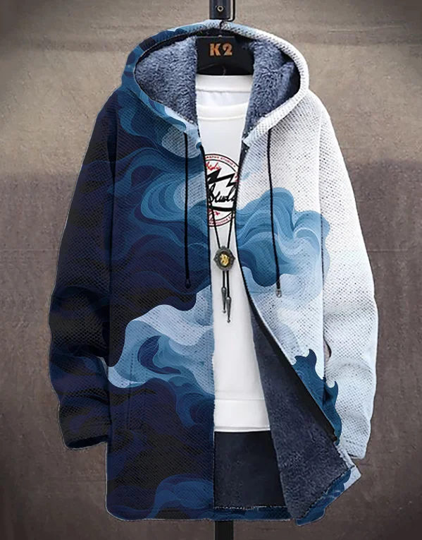 Men's Ocean Dyeing Art Painting Print Hooded Trench Coat