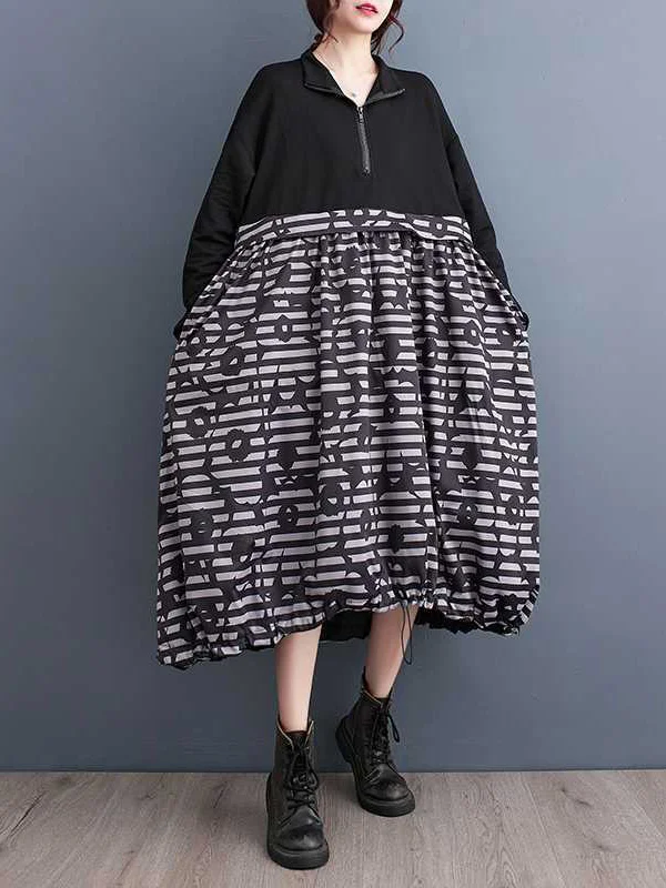 Zipper Split-Joint Printed Drawstring Loose Long Sleeves Midi Dresses