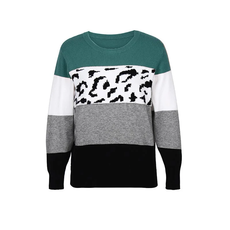 Elegant Color Block Pullovers 2020 Autumn Casual Long Sleeve Leopard Patchwork Knitted Sweaters Vintage Harajuku Jumpers Tops