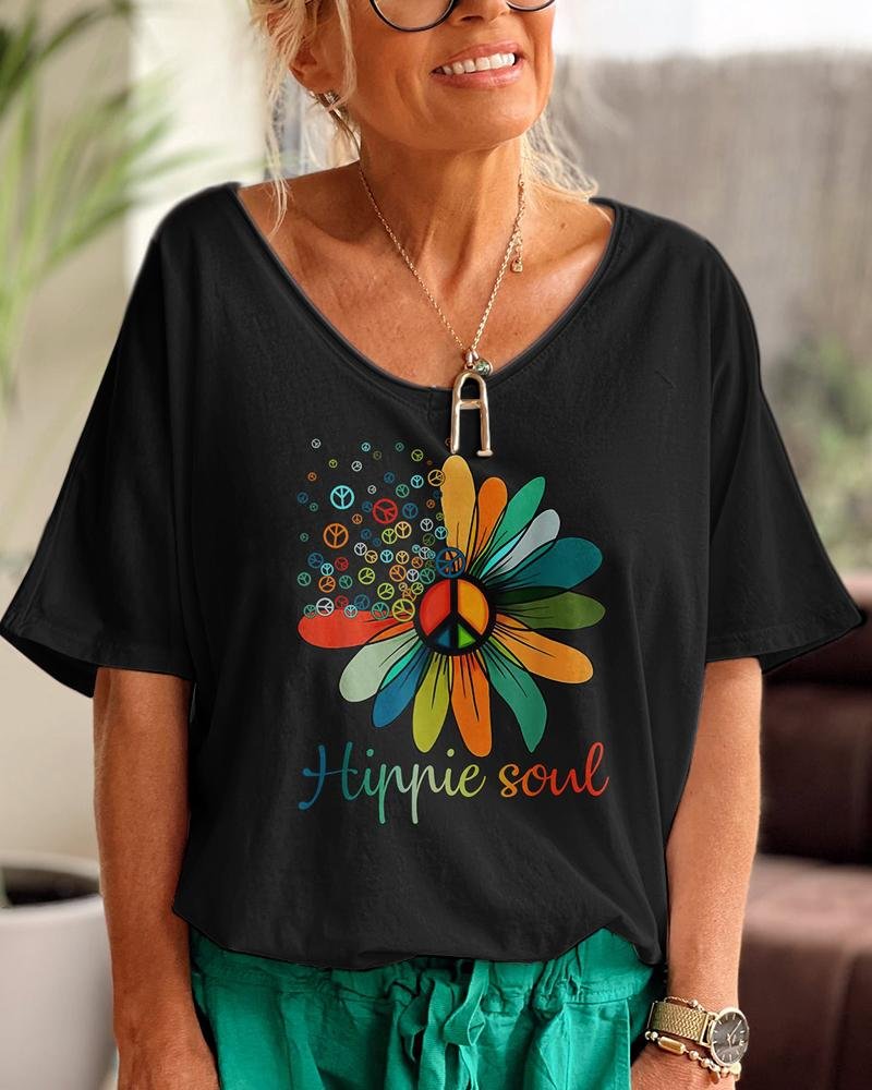 Hippie Soul Flower Diffuse V Neck Graphic T-shirt