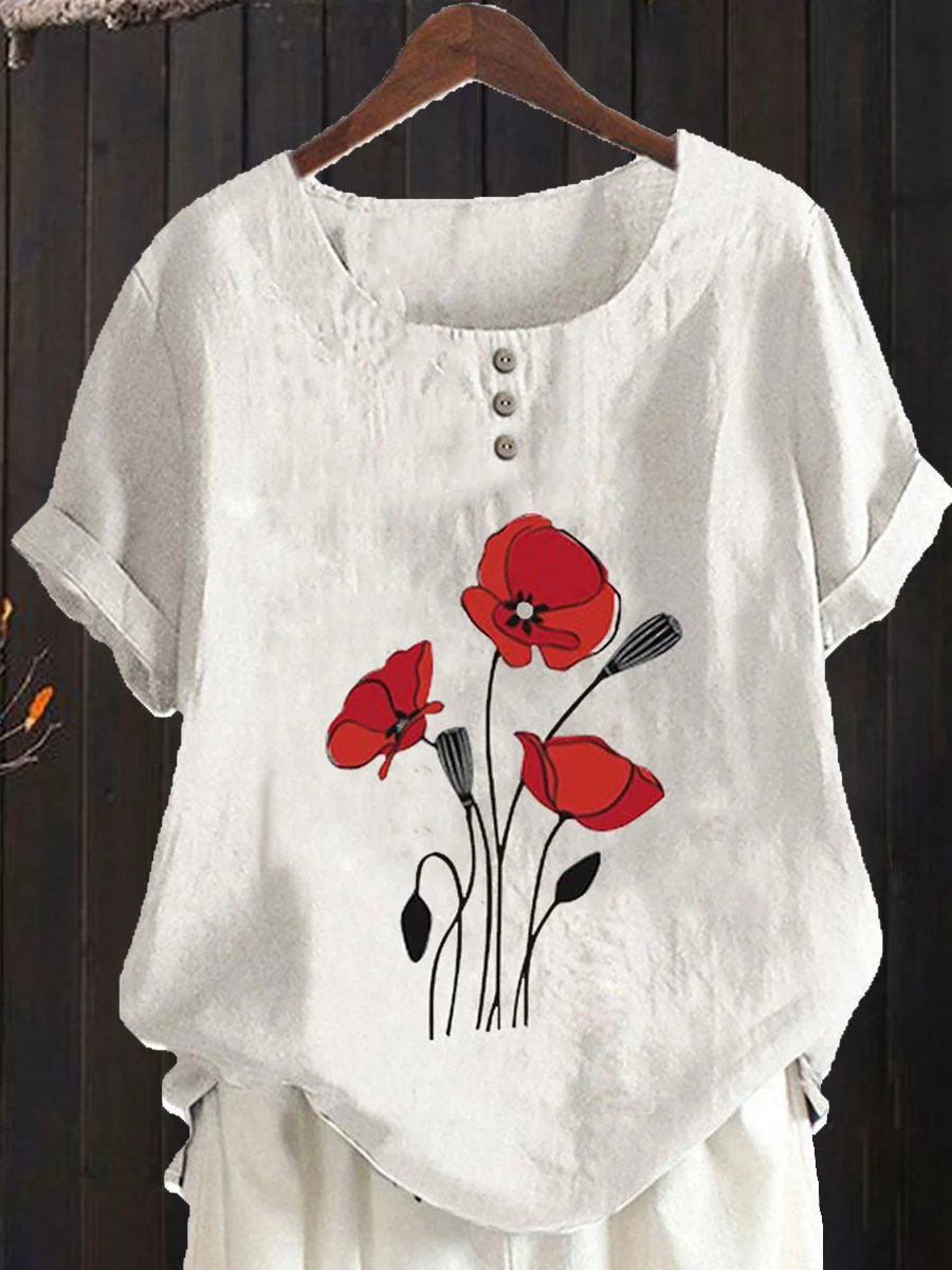 Round Neck Cotton Linen Floral Print Short Sleeve Blouse