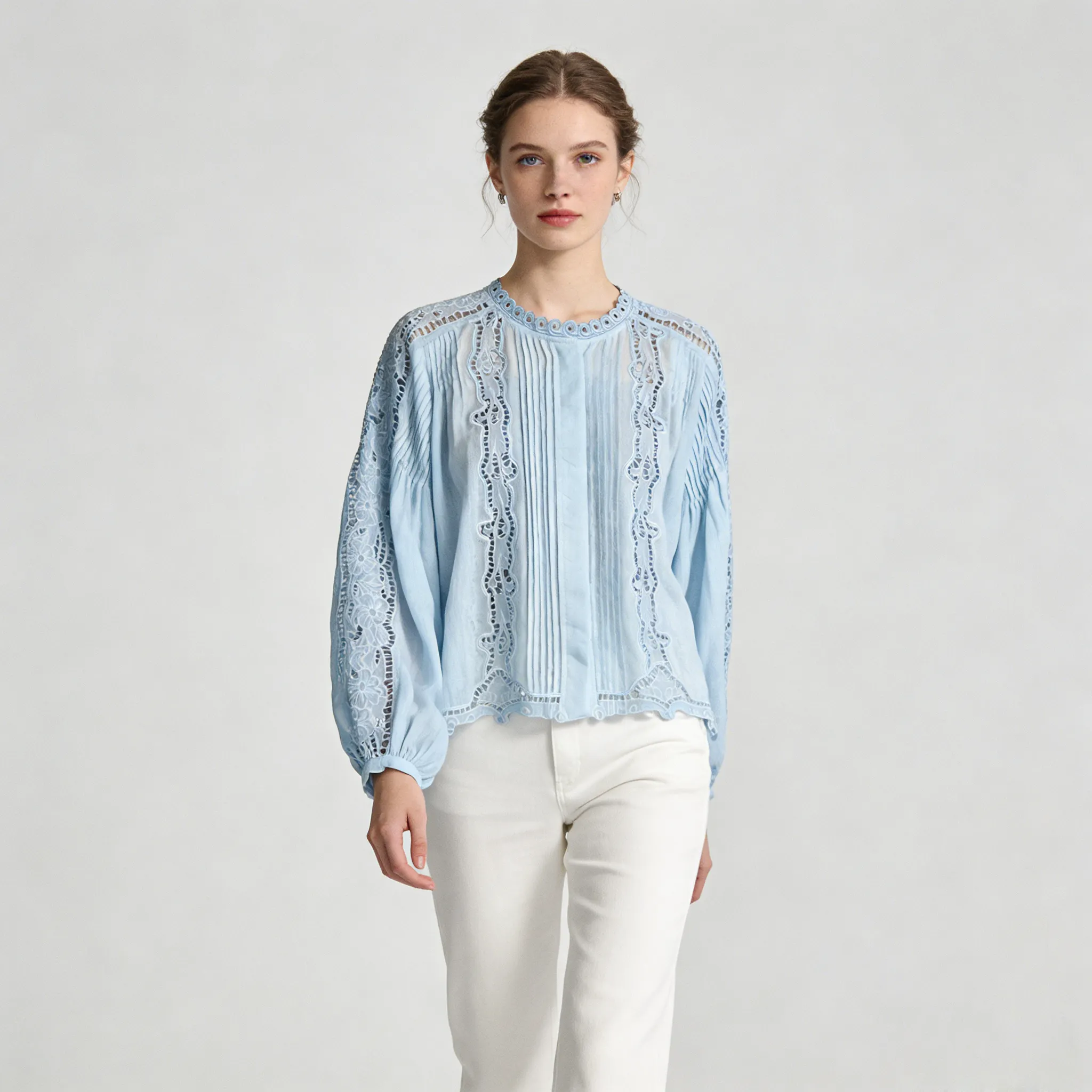 Linen Blouse Women 100% Ramie Embroidered Pleated Top REAL SILK LIFE