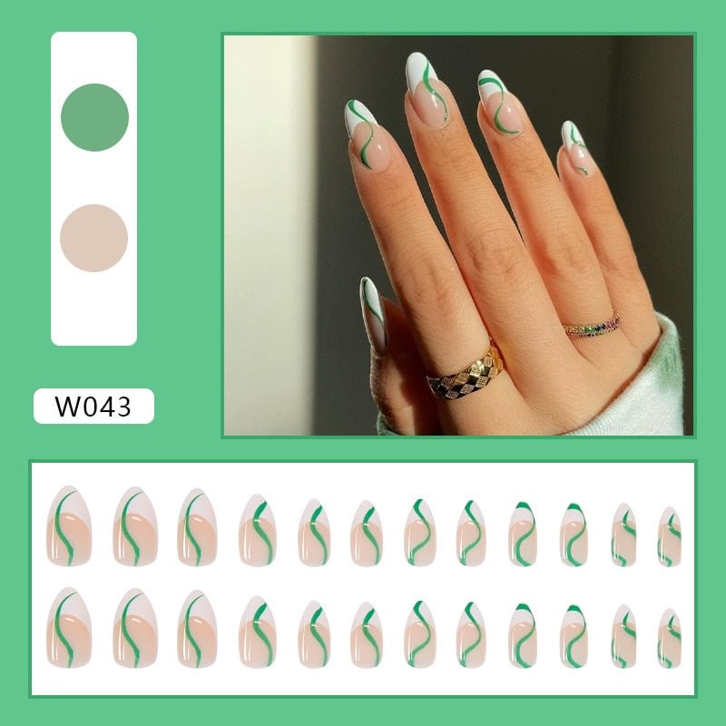 24PCS Green Lines Printed Fake Nails Press On Nails Wearable Women Girl Nail Art Tool False Nail Patch  Point Head False Nails
