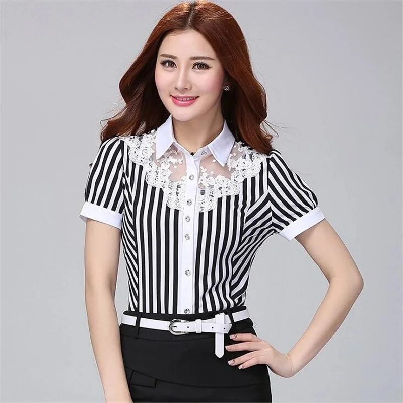 Mesh Chiffon Shirts Women's Striped Tops lapel Slim Feminine Buttons Professional Wear Summer temperament Offce Lady Blouses Me