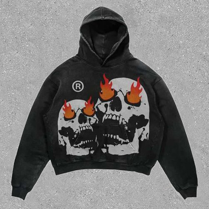 Relaxed Vintage Angry Fire Skull Graphic Casual Street Washed Hoodie