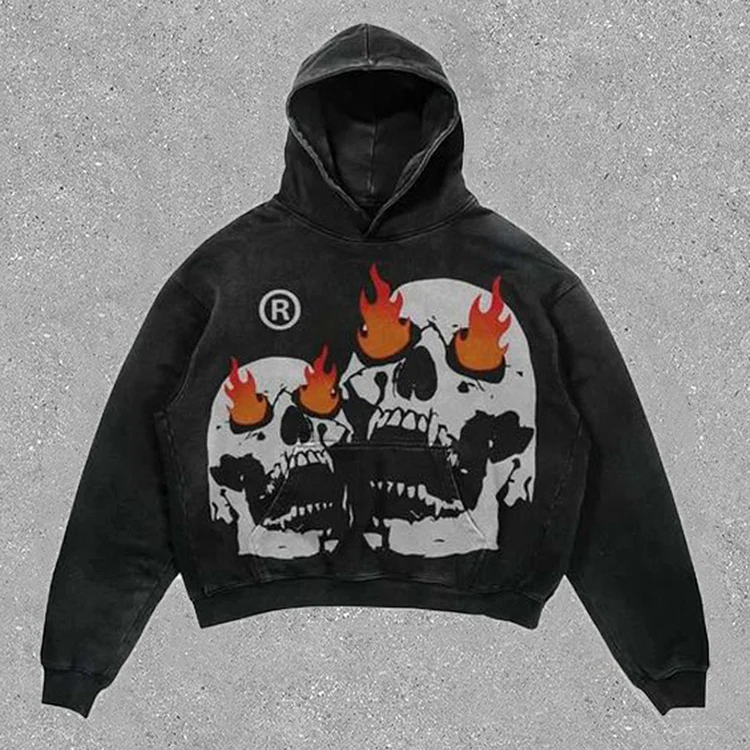 Sopula Relaxed Vintage Angry Fire Skull Graphic Casual Street Washed Hoodie