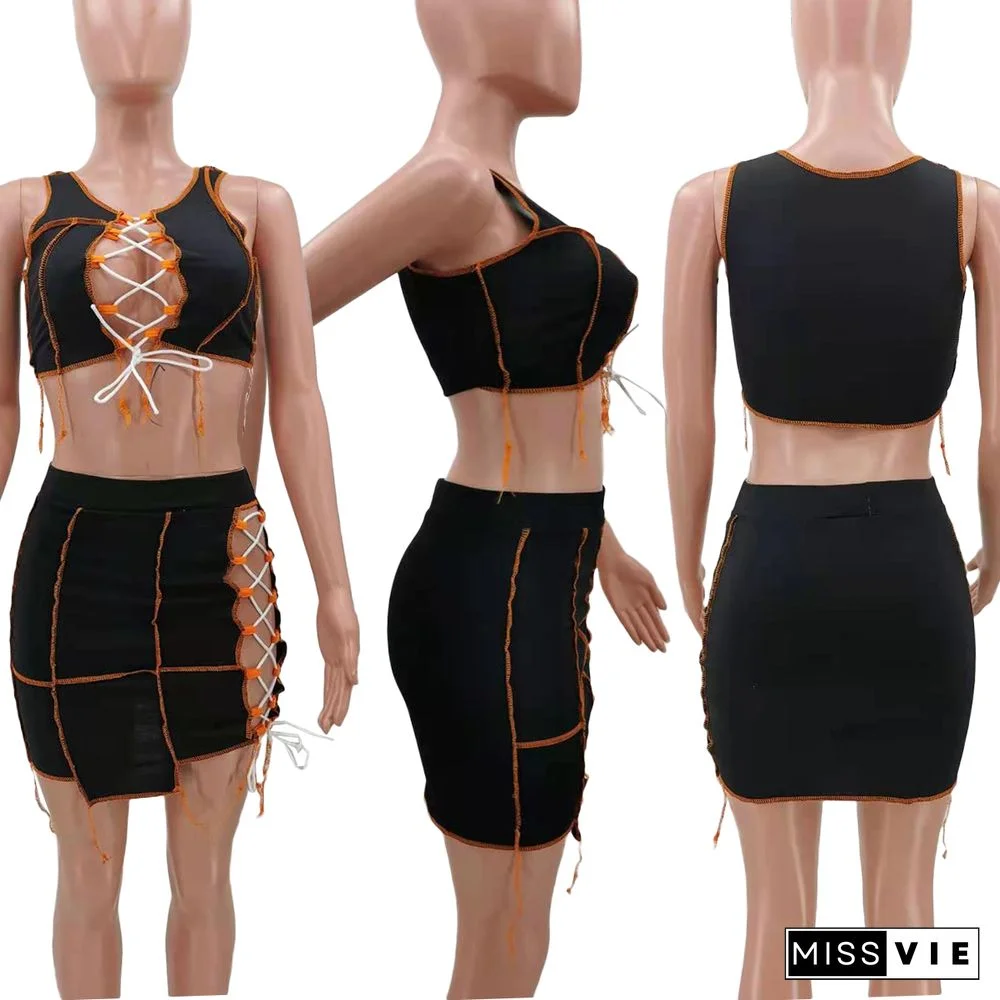 Women Lace Up Sexy Crop Tops Mini Skirts 2 Piece Matching Set
