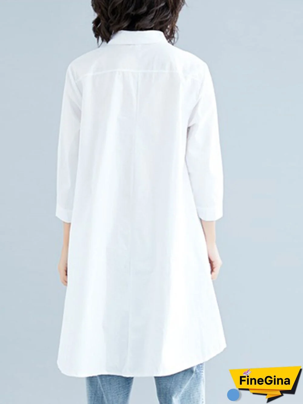 Solid Button High-Low Hem Lapel Loose Casual Shirt