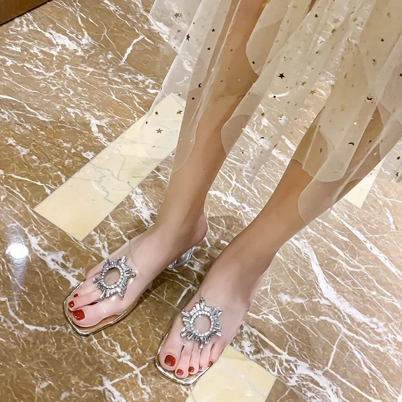 Summer Slippers Women Shoes Woman New Clear Transparent Crystal Mules Bow Knot Thick High Heels Sexy Ladies Shoes Plus Size 45
