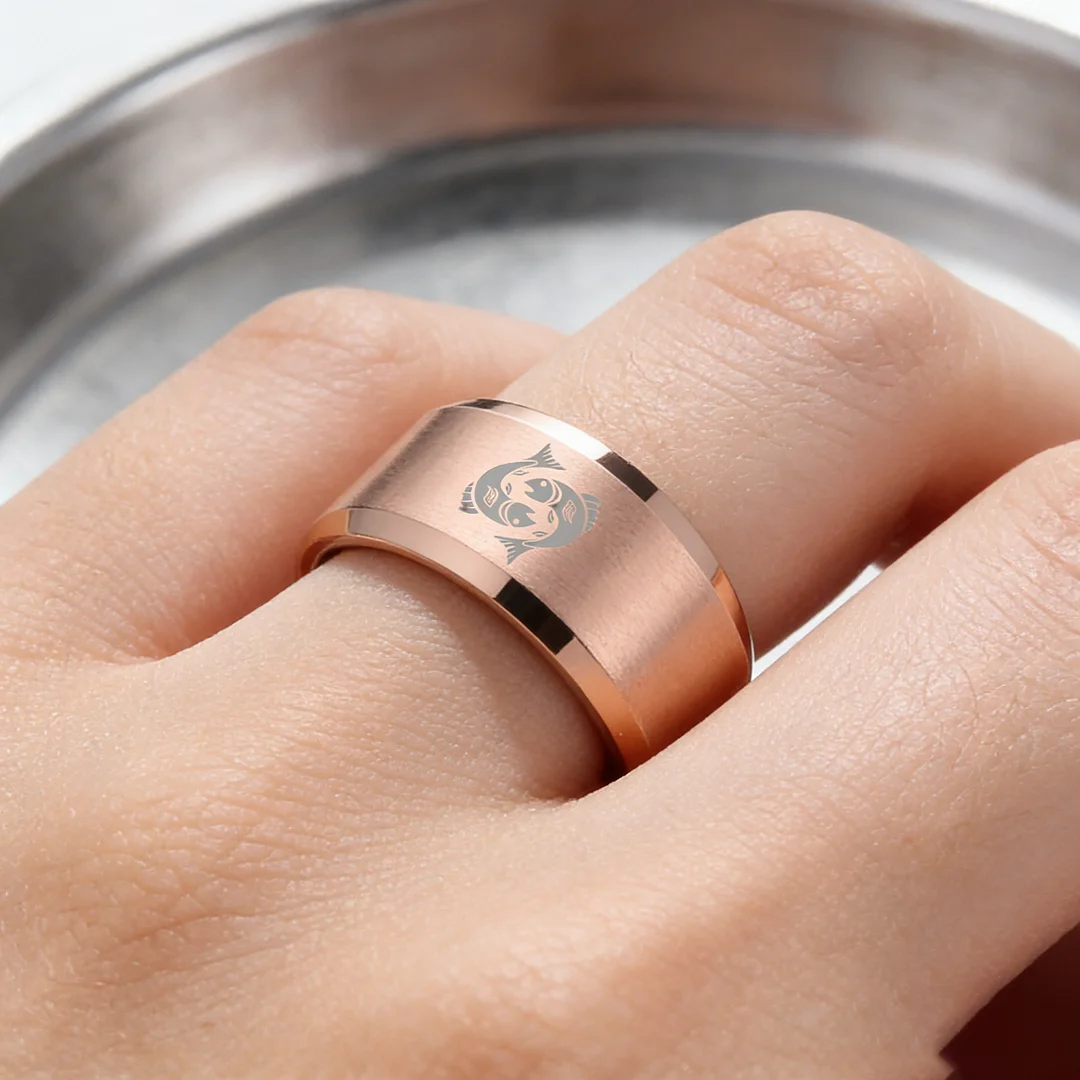Mens Womens Rose Gold Pisces Tungsten Carbide Bands Rose Gold Edges and Laser Etched Wedding Rings Comfort Fit 4MM 6MM 8MM Width