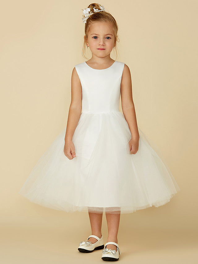 Oknass Princess Sleeveless Jewel Neck Flower Girl Dress Satin Tulle With Lace