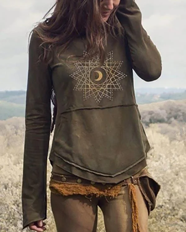 Ladies Vintage Geometric Print Pocket Sweatshirt