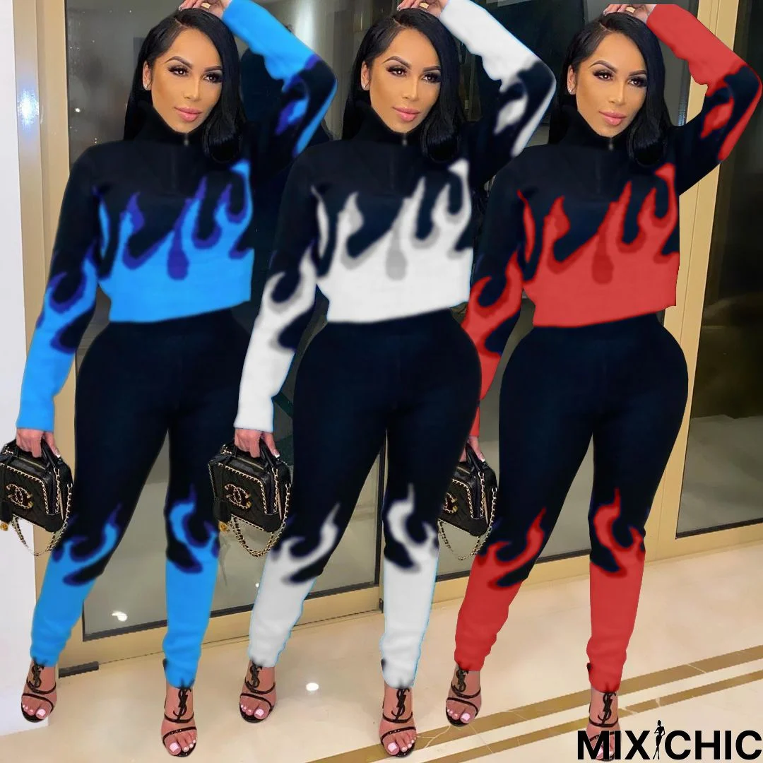 Womens Printed Long Sleeve Tops Bodycon Pants Sport Suit