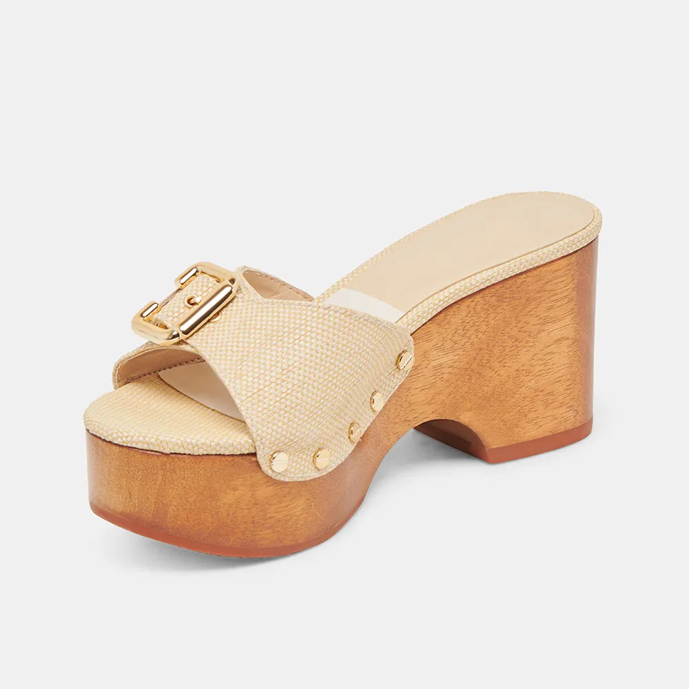 Beige Raffia Studded Open Round Toe Buckle Platform Slide Sandals