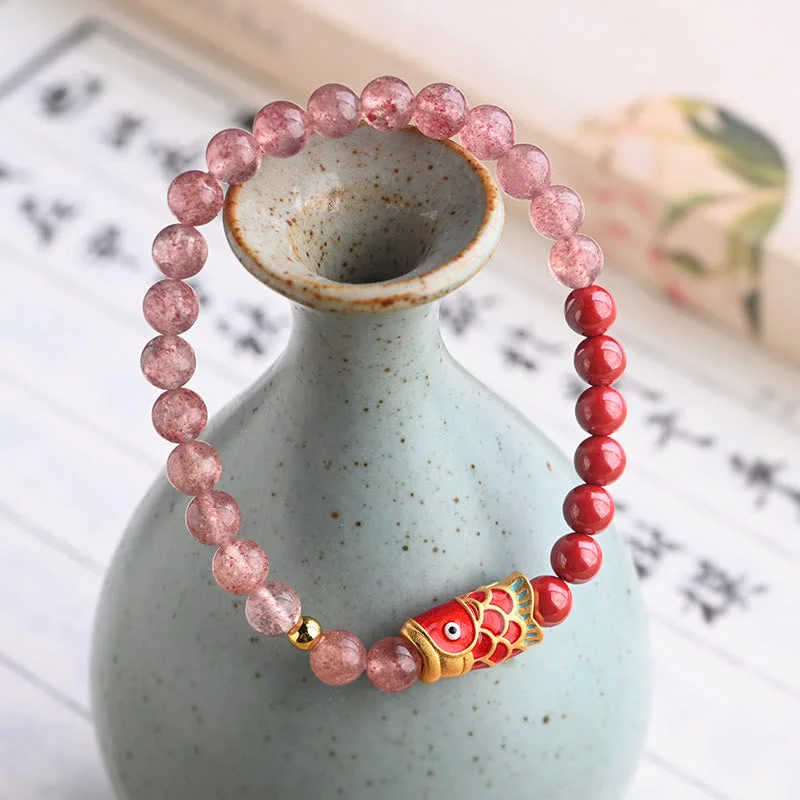 Cinnabar Strawberry Quartz Lucky Koi Fish Healing Bracelet