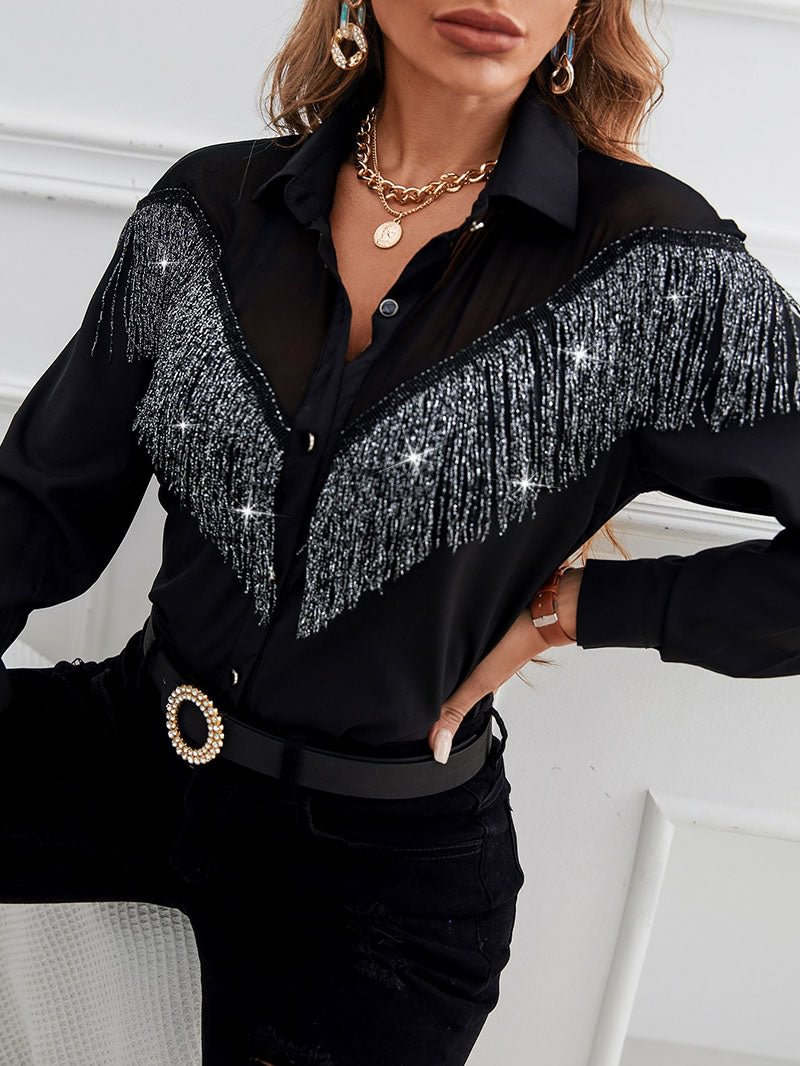 Fringe stitching long-sleeved shirt