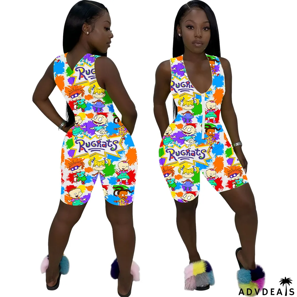 Casual Sports Zipper Sleeveless Cartoon Print Rompers