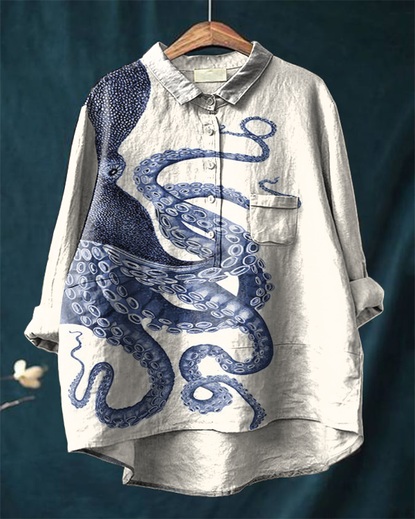 Japanese Octopus Art Print Casual Cotton and Linen Shirt