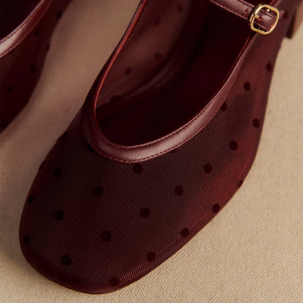 Mesh Square Toe Flat Polka Dot Mary Jane Shoes for Women in Maroon
