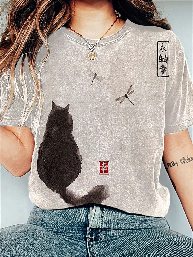 Ink Painting Black Cat Japanese Art Print Vintage T-Shirt