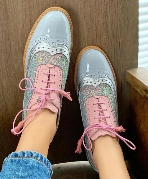 Punklens Toe Platform Chunky British Brogue Oxfords Shoes Women Lace Up Fringe Glitter Sequined Office Casual Spring Summer Shoes