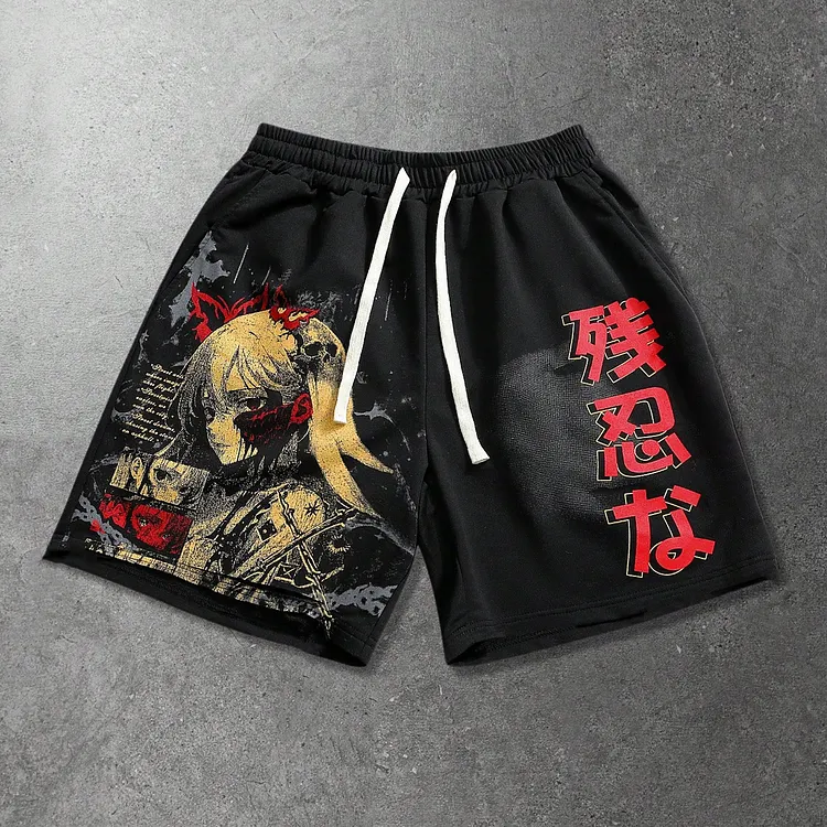 Men's Japanese Anime Retro Pattern Drawstring Shorts