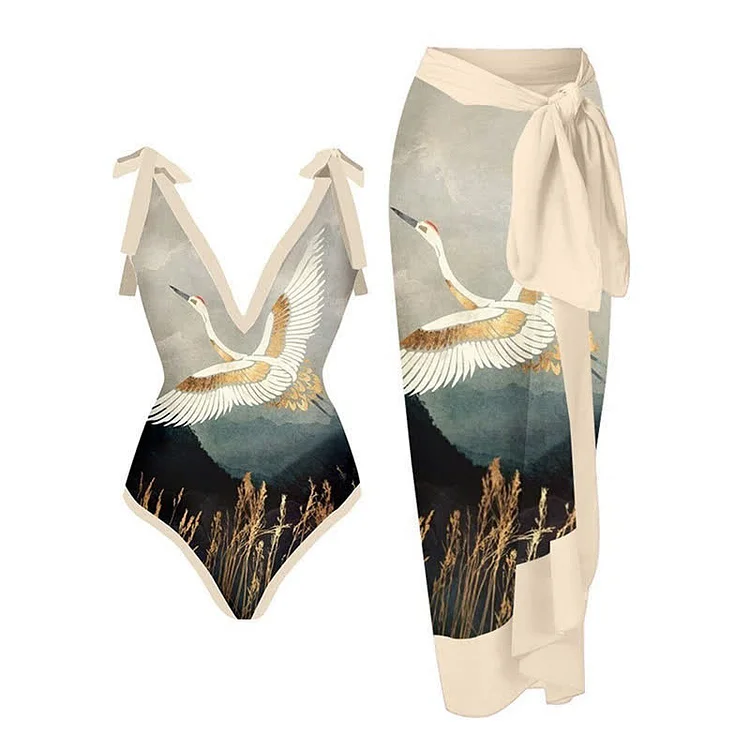 Printed Lace Up One Piece Swimsuits and Sarong Set - Modakawa modakawa