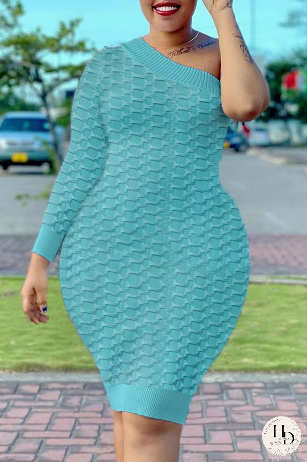 Sky Blue Fashion Sexy Solid Split Joint One Shoulder One Step Skirt Dresses