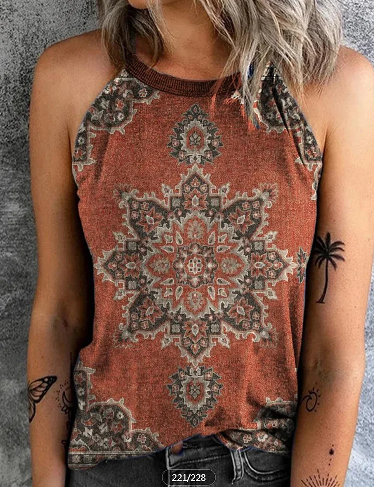 Women's Vintage Retro Style Red Rust Tank Tribal Print Tank Tops Cowgirl Tanks