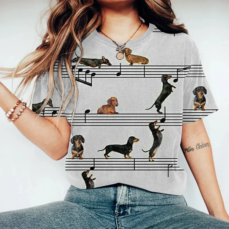 Cute Dachshund And Music Art Print Casual Short Sleeve T-Shirt
