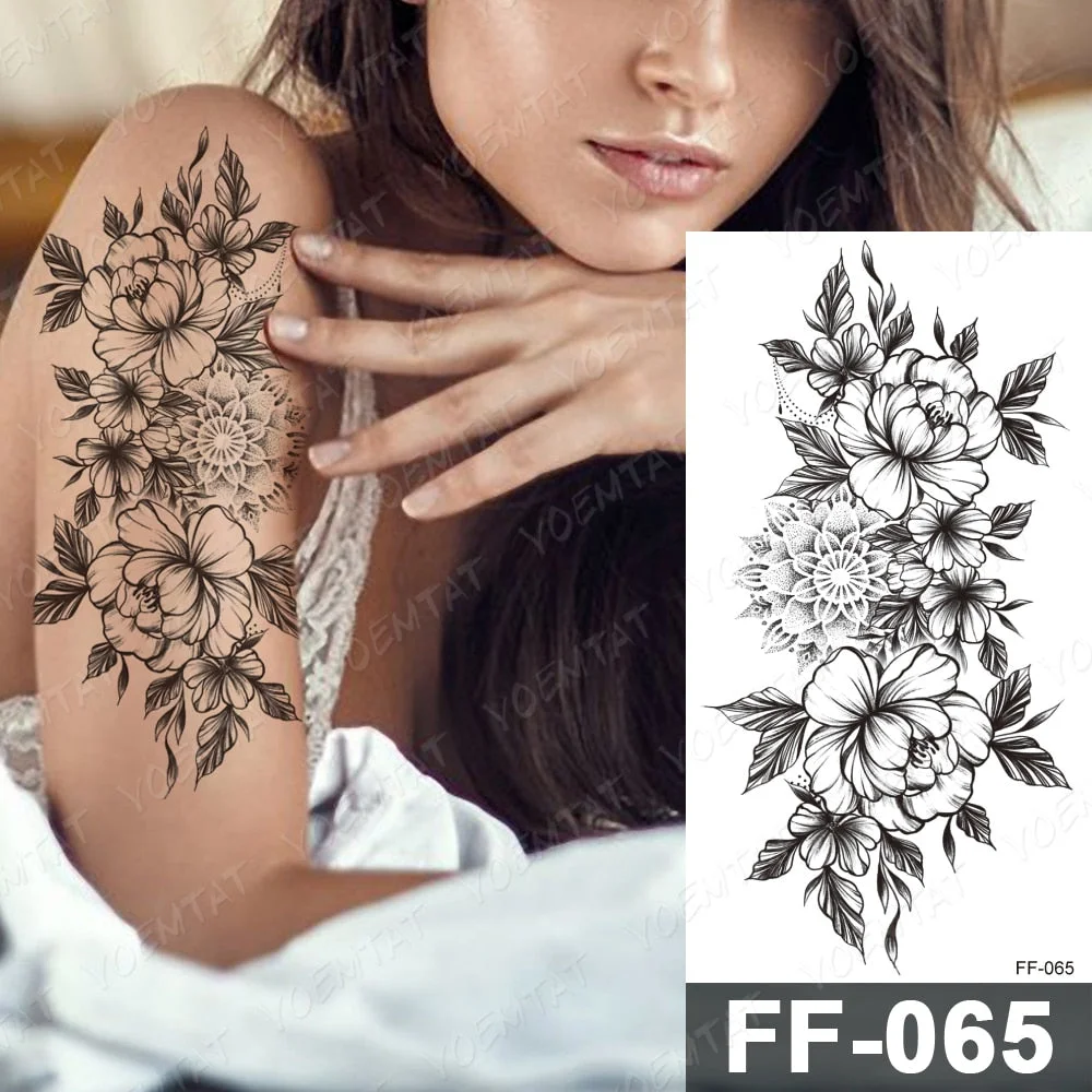 Waterproof Temporary Tattoo Stickers Peony Rose Flower Gun Flash Tattoos Female Black Sketch Body Art Arm Sexy Fake Tatto Male