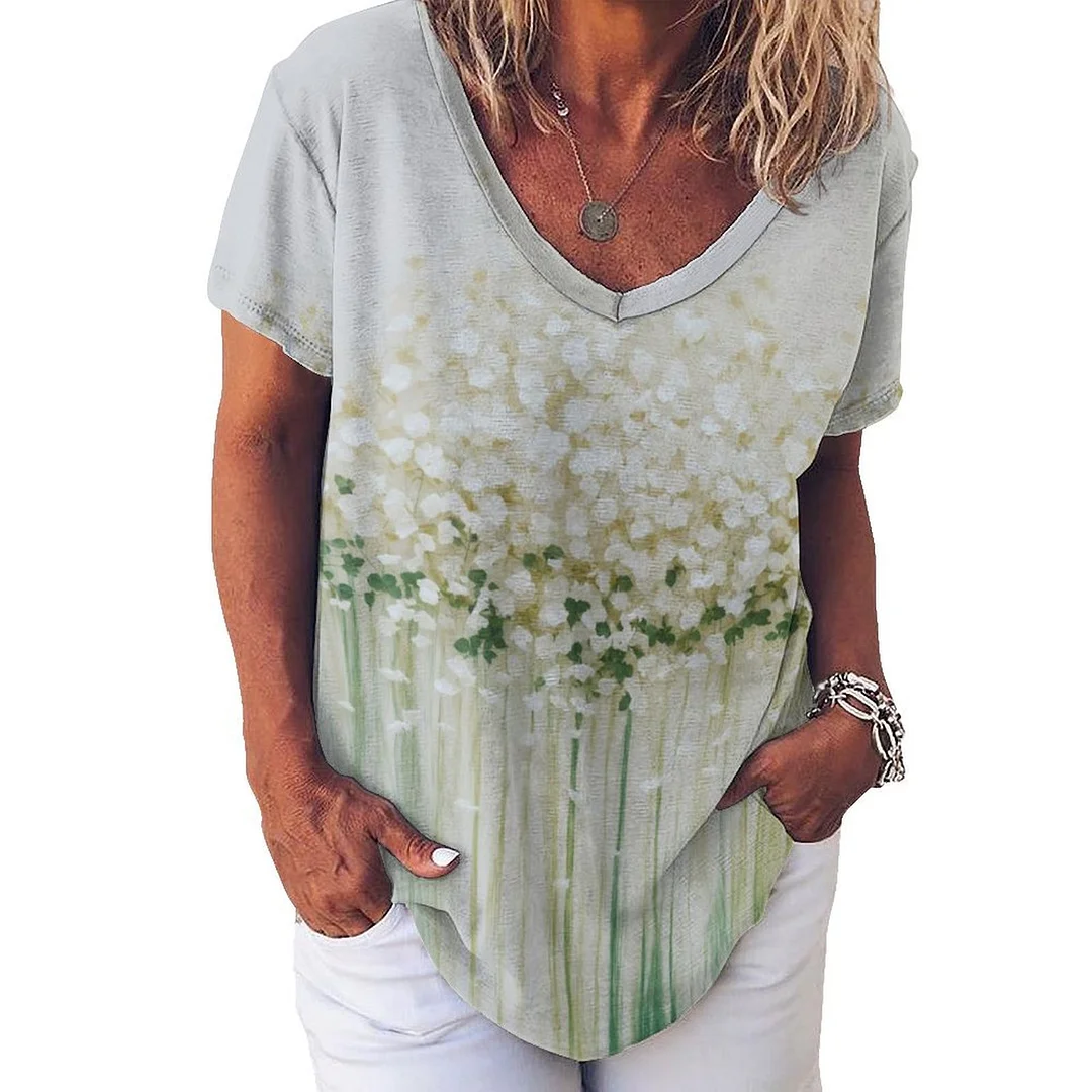 V-neck Short Sleeve Casual T-shirt for  Women Printed with Pattern Floral, White, Green