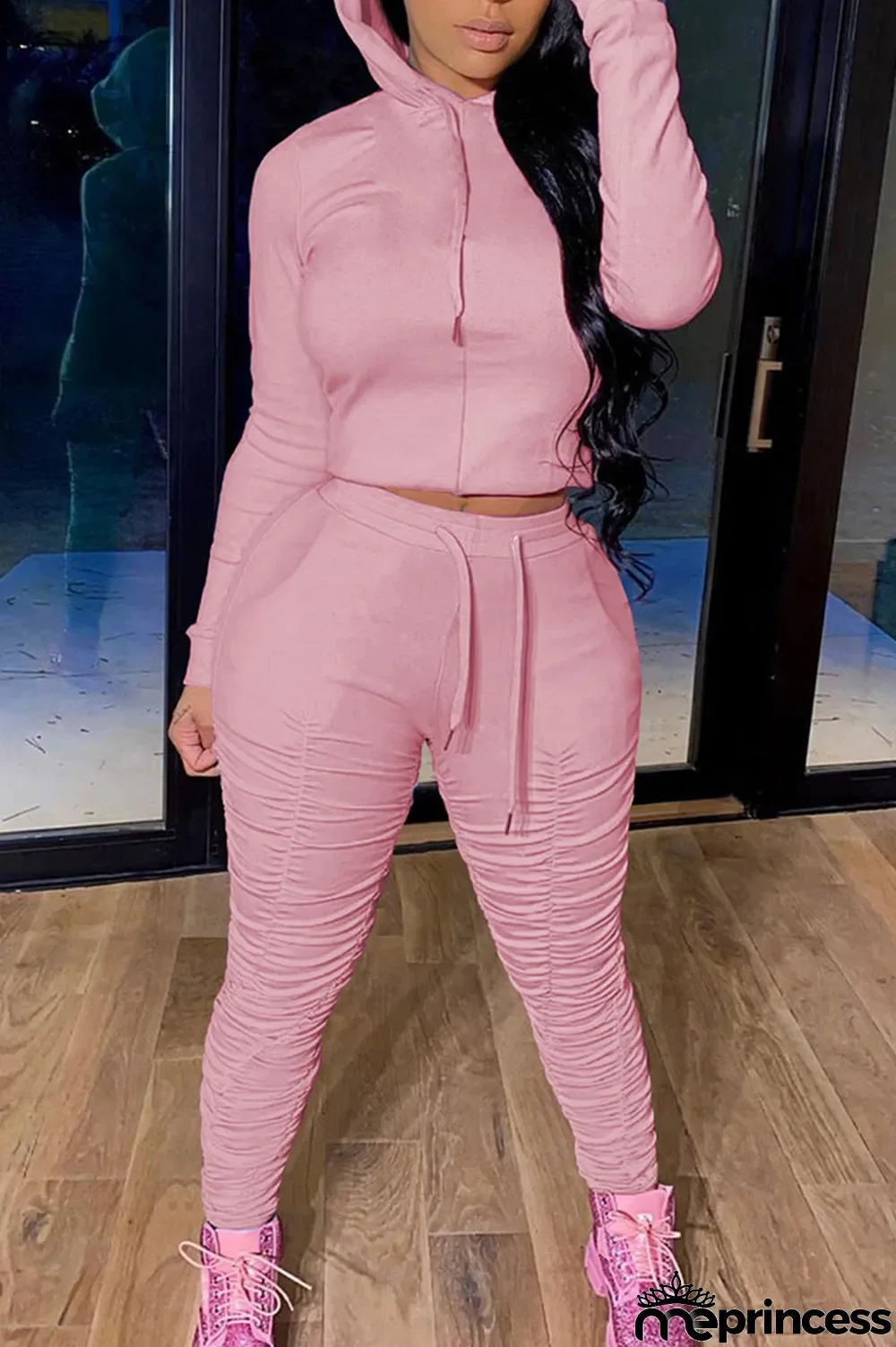 Green Fashion Solid Fold Hooded Collar Long Sleeve Two Pieces